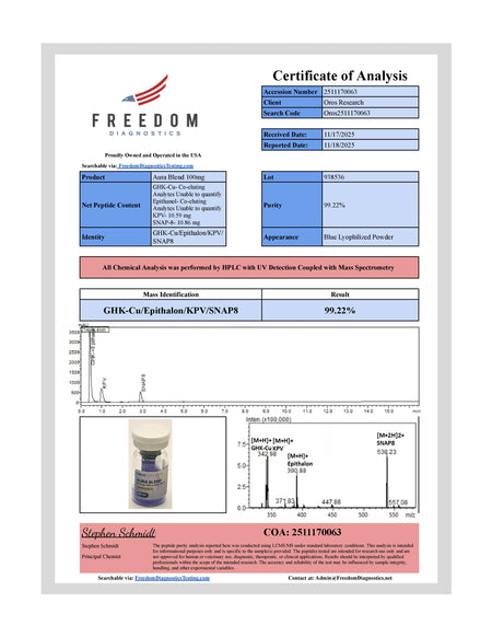 AURA - GHK-Cu 70mg, Epithalon 10mg, Snap-8 10mg, KPV 10mg (100mg Blend) - OROS Research