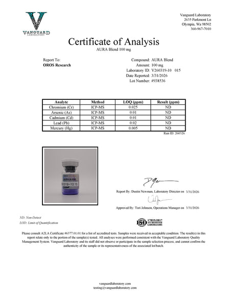 AURA - GHK-Cu 70mg, Epithalon 10mg, Snap-8 10mg, KPV 10mg (100mg Blend) - OROS Research