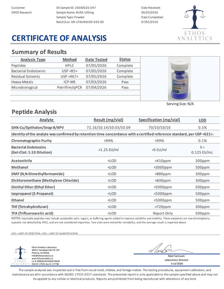 AURA - GHK-Cu 70mg, Epithalon 10mg, Snap-8 10mg, KPV 10mg (100mg Blend) - OROS Research