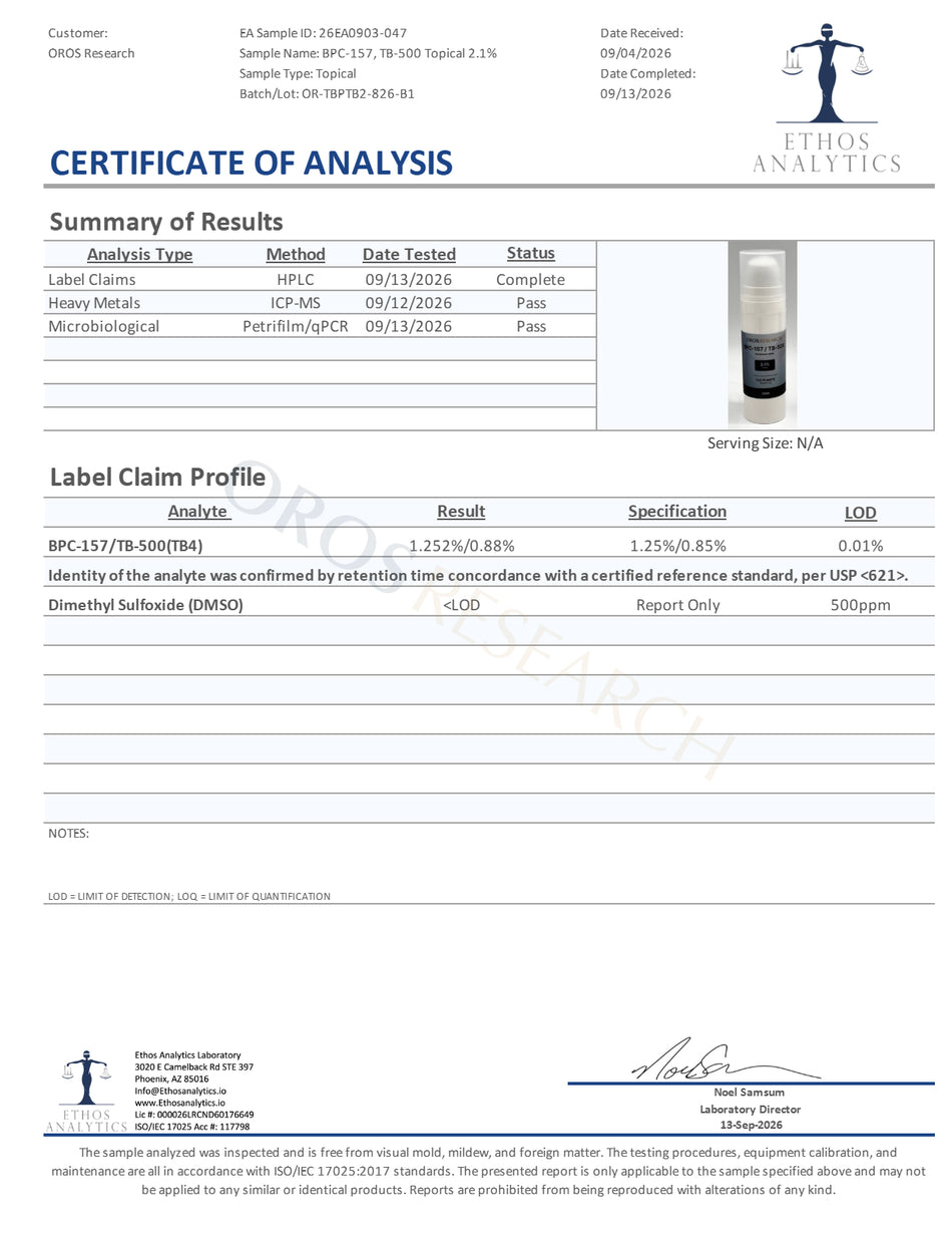 BPC-157 1.25%, TB-500 (TB4) 0.85% Topical (630mg Blend) - OROS Research