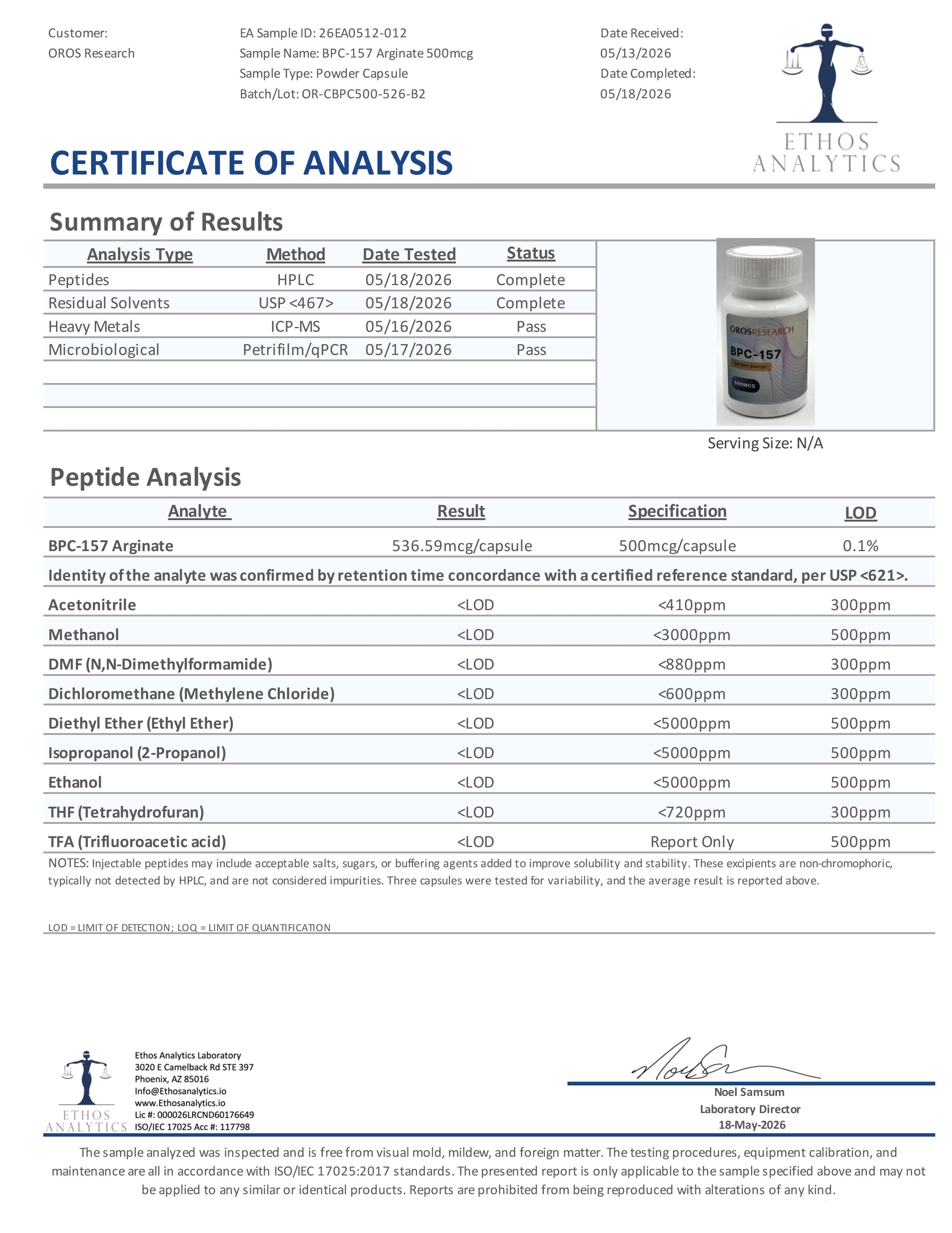 BPC-157 Arginate 500mcg (60 Capsules) - High-Purity, U.S.-Made Research Peptides | OROS Research BPC-157 Arginate 500mcg (60 Capsules) - High-Purity, U.S.-Made Research Peptides | OROS Research