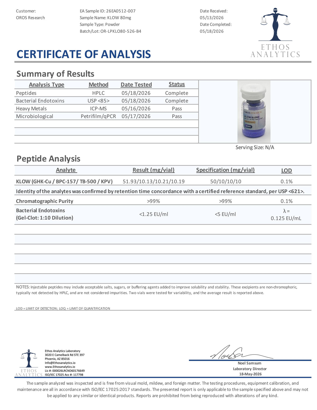 KLOW - GHK-Cu 50mg, BPC-157 10mg, TB-500 10mg, KPV 10mg (80mg Blend) - OROS Research