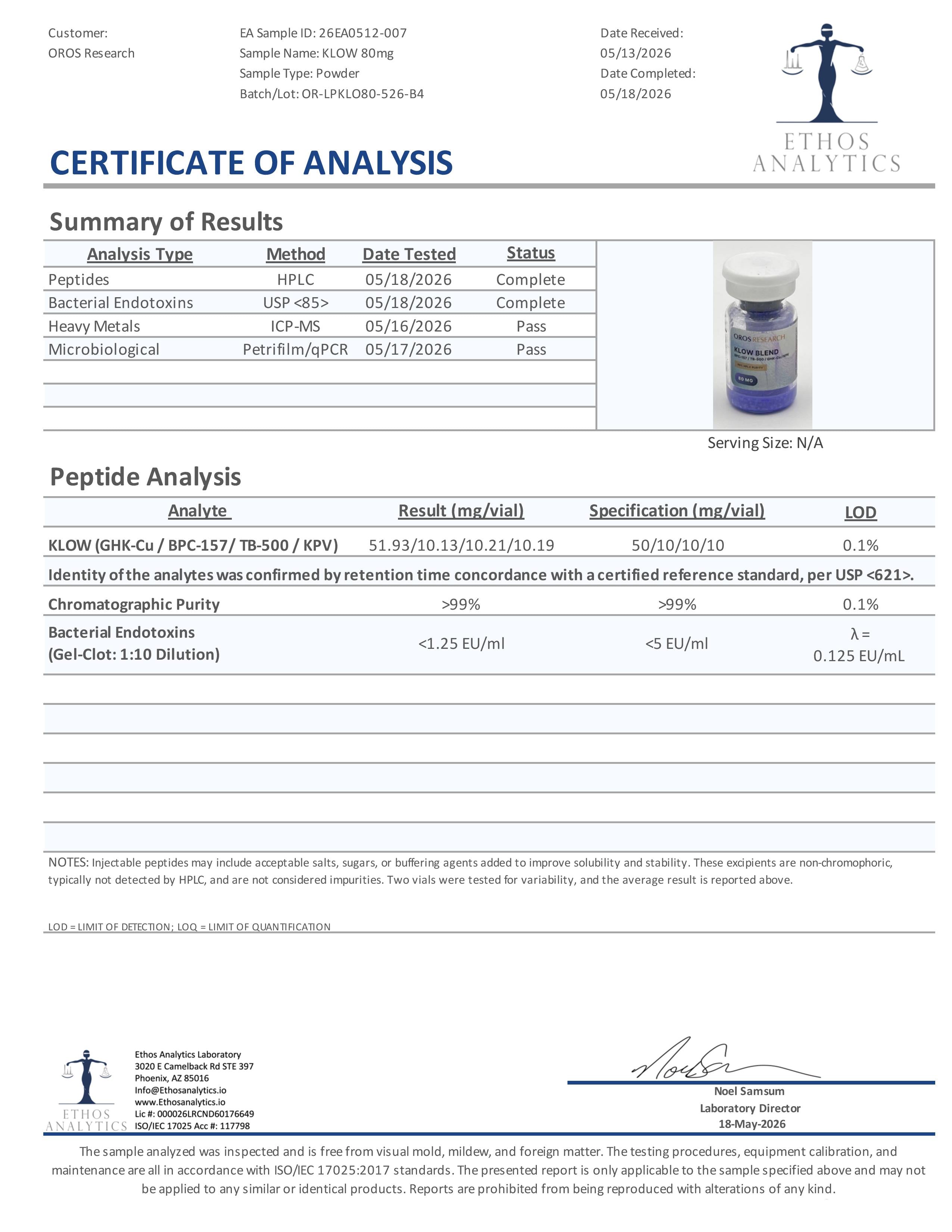 KLOW - GHK-Cu 50mg, BPC-157 10mg, TB-500 10mg, KPV 10mg (80mg Blend) - OROS Research
