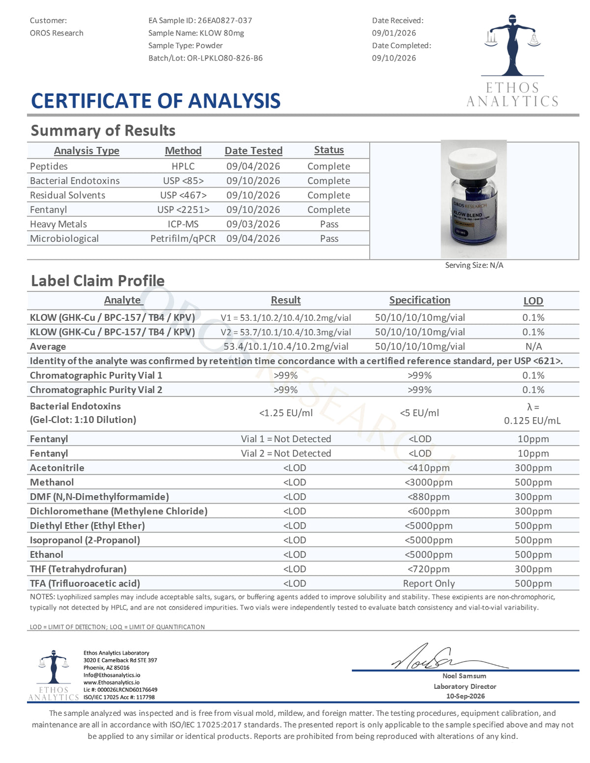 KLOW - GHK-Cu 50mg, BPC-157 10mg, TB-500 (TB4) 10mg, KPV 10mg (80mg Blend) - OROS Research