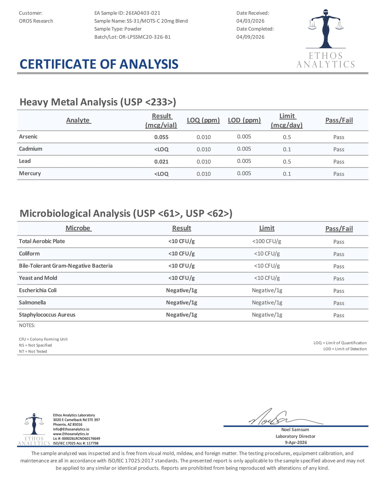 SS-31 10mg, MOTS-C 10mg (20mg blend) - OROS Research