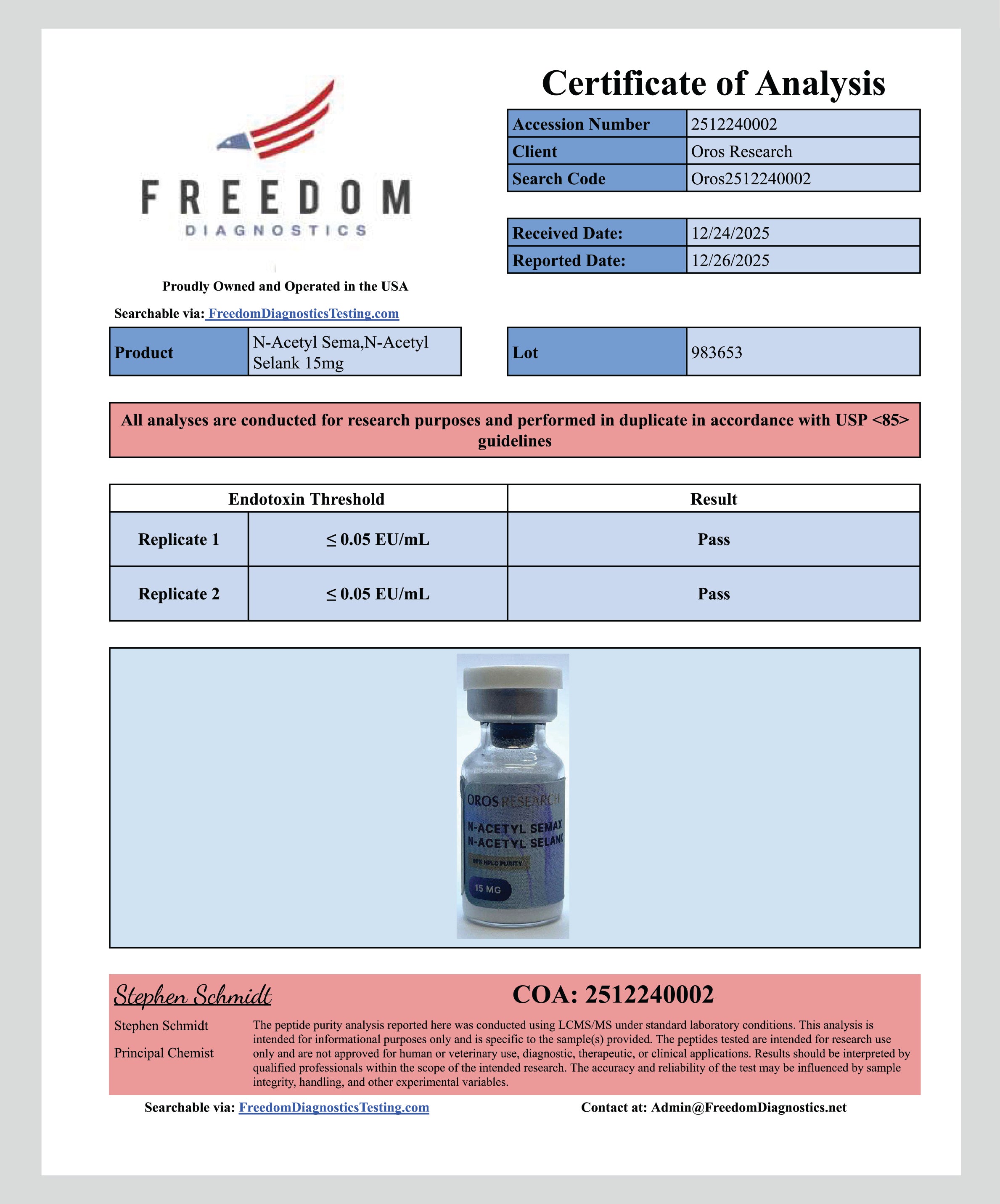 Semax N-Acetyl 9mg, Selank N-Acetyl 6mg (15mg Blend) - OROS Research